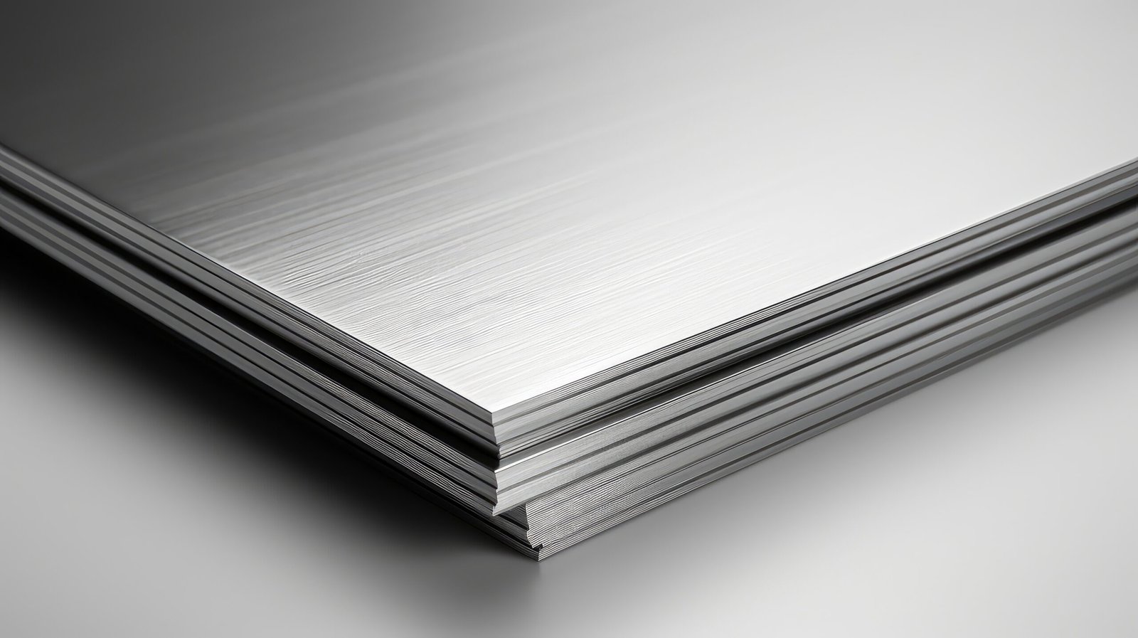Stack of brushed aluminum sheets, showcasing its metallic texture and sheen.