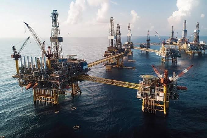Offshore oil rig structure in the ocean, industrial offshore platform