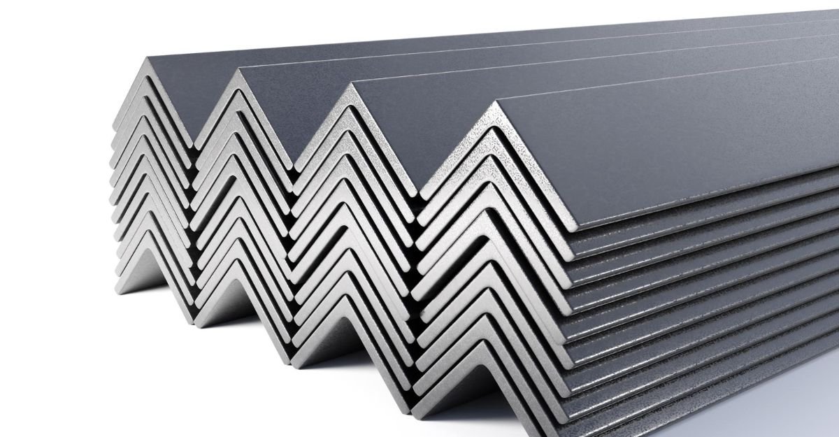 Stack of steel angle bars, industrial metal profiles