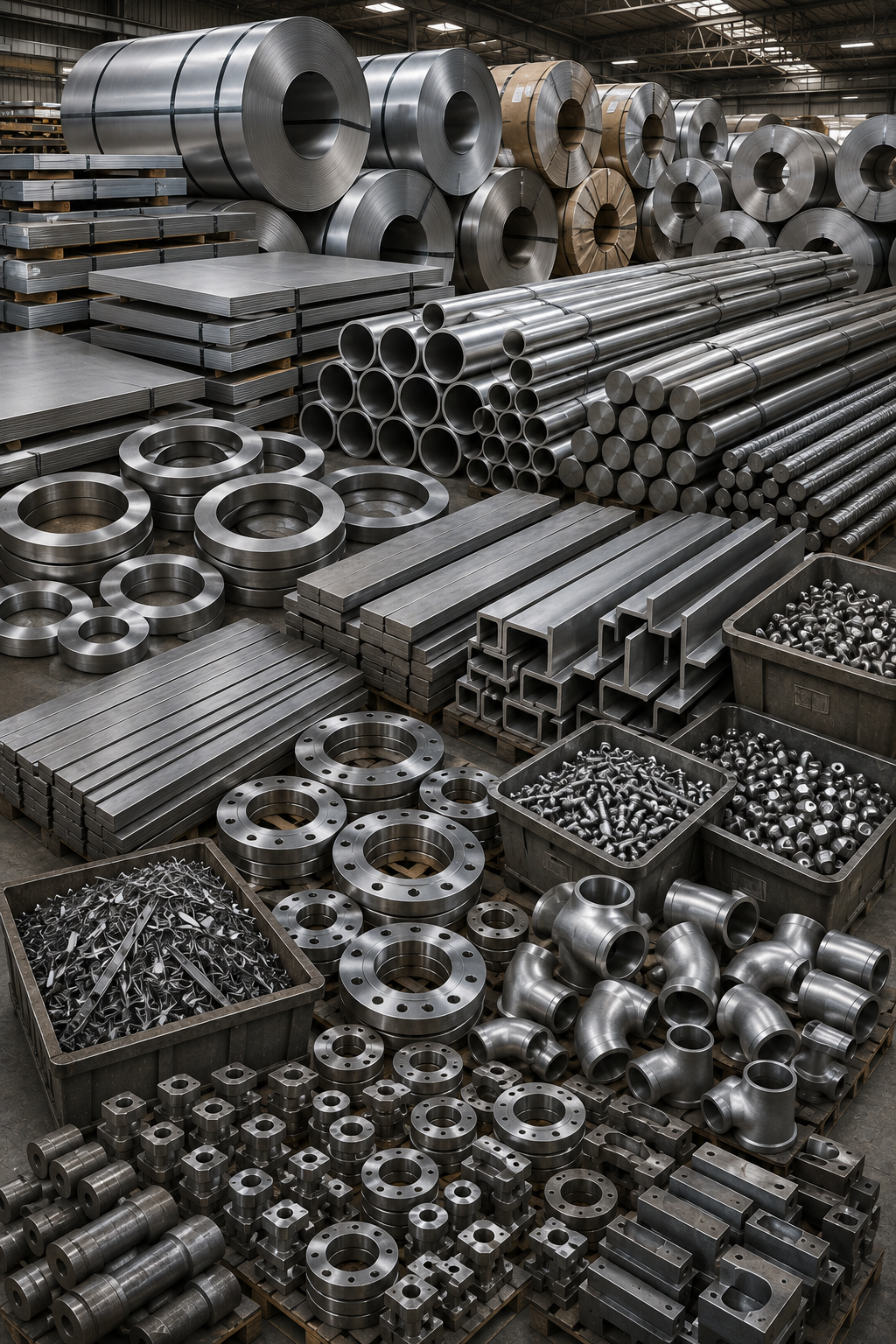 Warehouse full of stainless steel sheets, pipes, bars, fittings, and flanges.