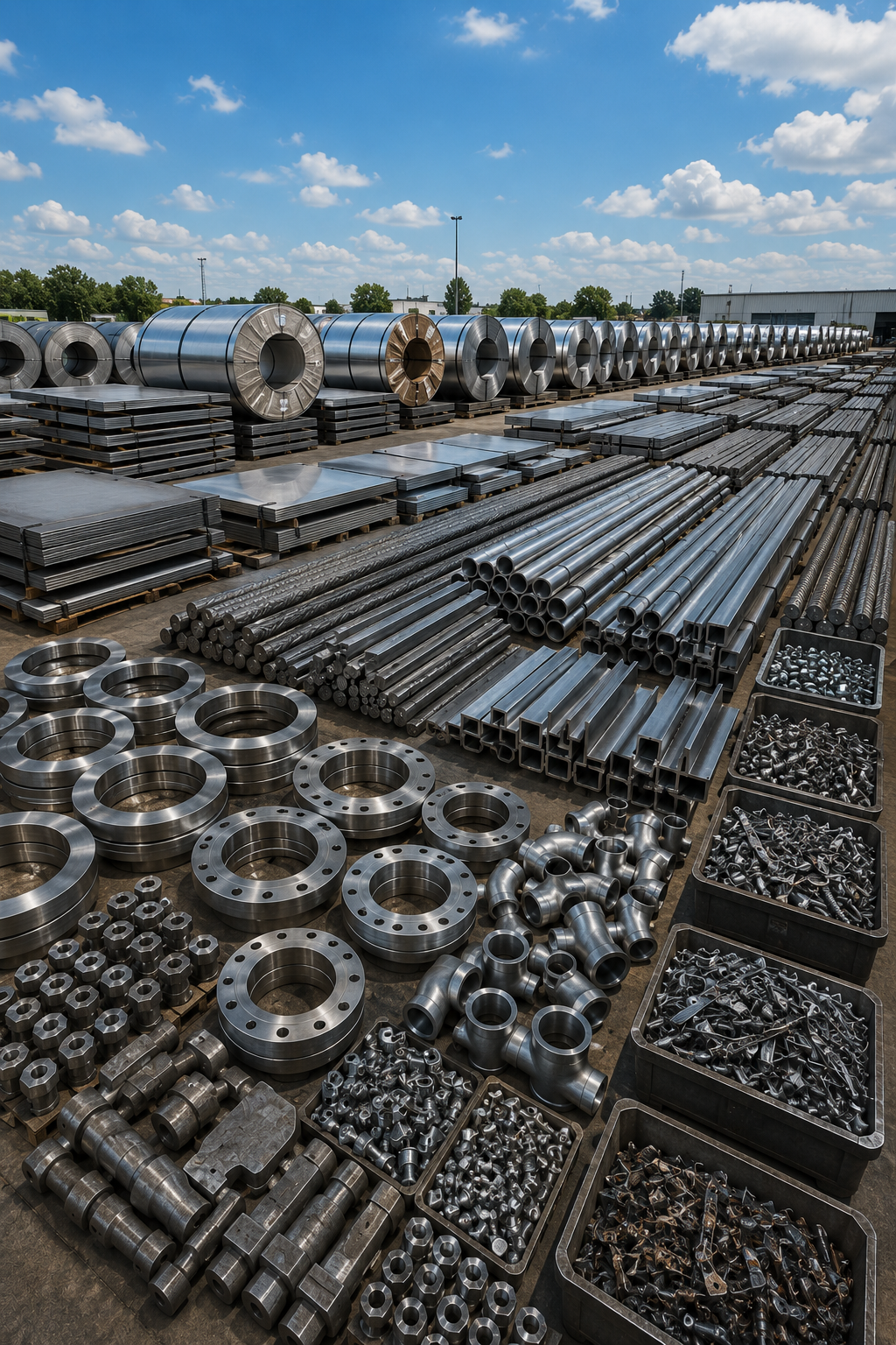 Large inventory of stainless steel products, including coils, pipes, and fittings, for export from India.