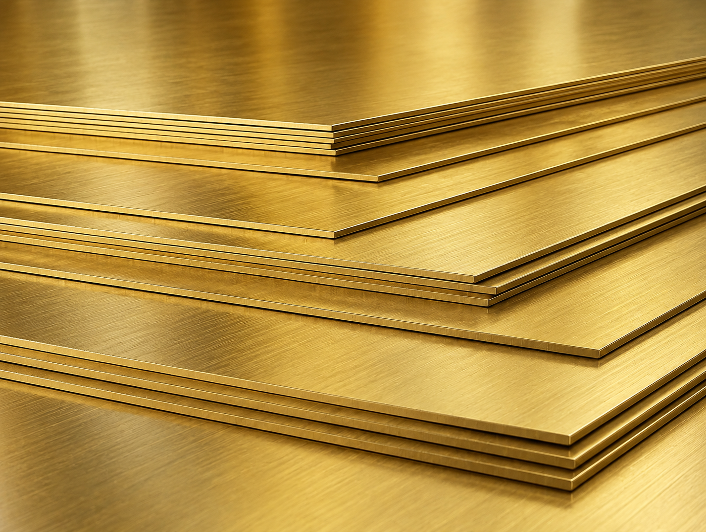 Stack of polished brass sheets with a golden sheen