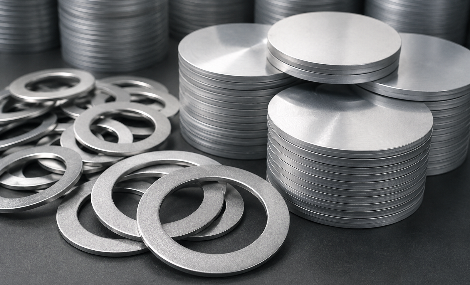 Stacks of metal coils and rings, representing industrial metal strips and coils.