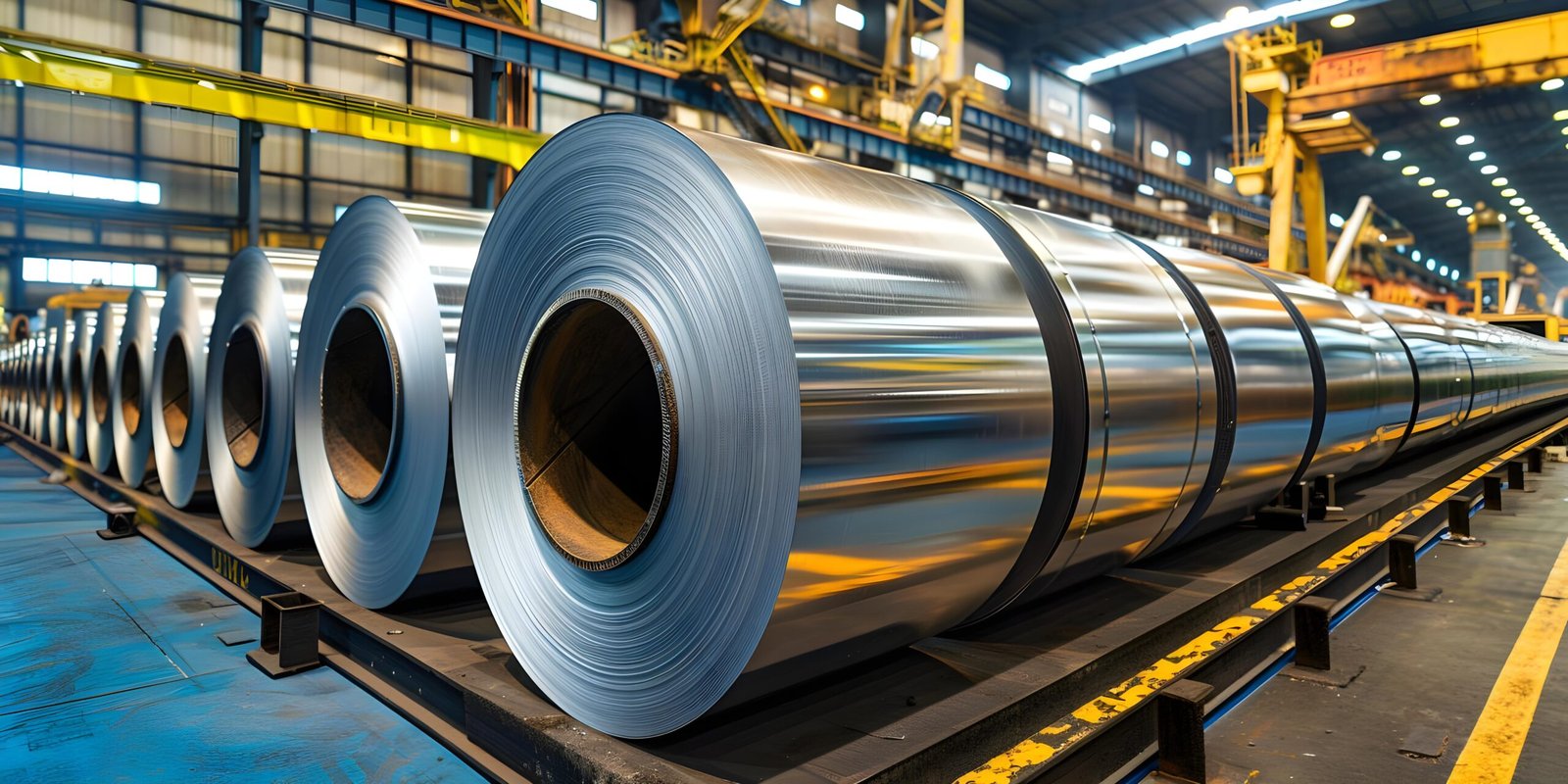 Large metal coils and strips stacked in a factory